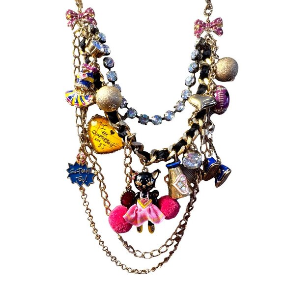 Betsey Johnson Cheerleader Charm Necklace Statement Multi Strand Pom Pom Gift - Picture 2 of 9